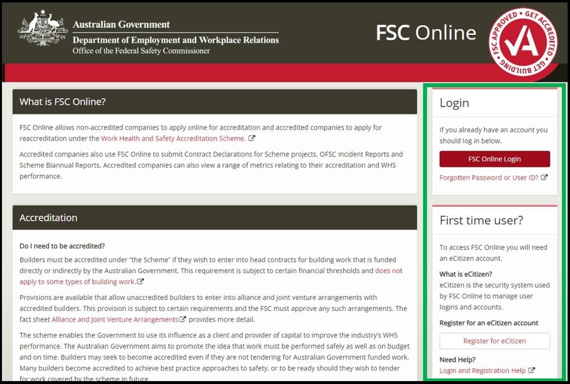 FSC Online Screenshot with Login in and eCitizen registration highlighted