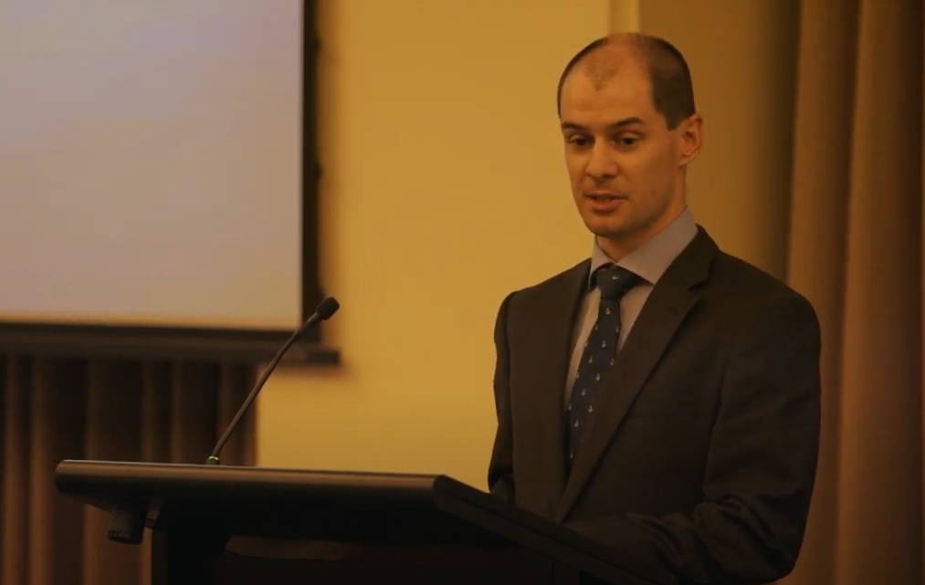 Photo of Federal Safety Commissioner David Denney giving a speech at the Master Builders Australia 2021 National Business Excellence Awards